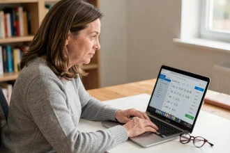 Femme consultant les résultats de calcul de verre correcteur sur un site d'optique en ligne depuis son bureau à domicile