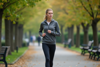Femme en jogging dans un parc urbain au matin