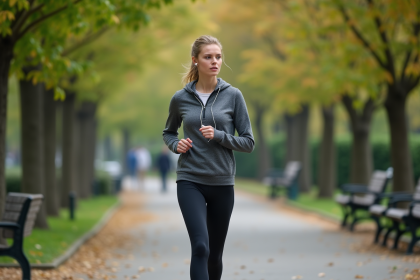 Femme en jogging dans un parc urbain au matin