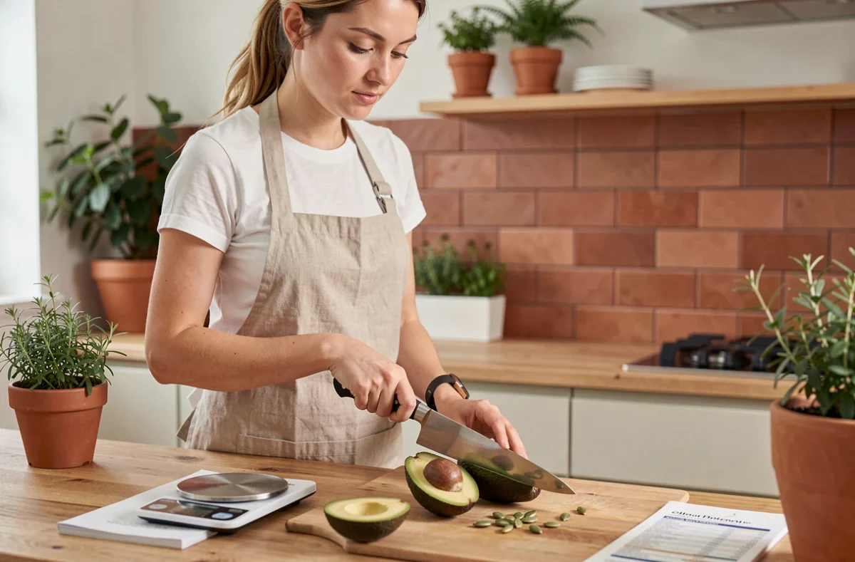 Jeune femme en tablier de lin découpant un avocat Hass mûr dans une cuisine moderne avec une balance de cuisine posée à côté