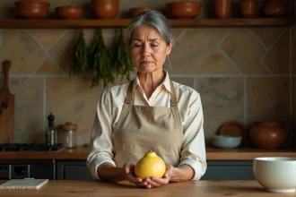 Femme en cuisine tenant une coloquinte et examinant le fruit avec prudence sur un plan de travail en bois