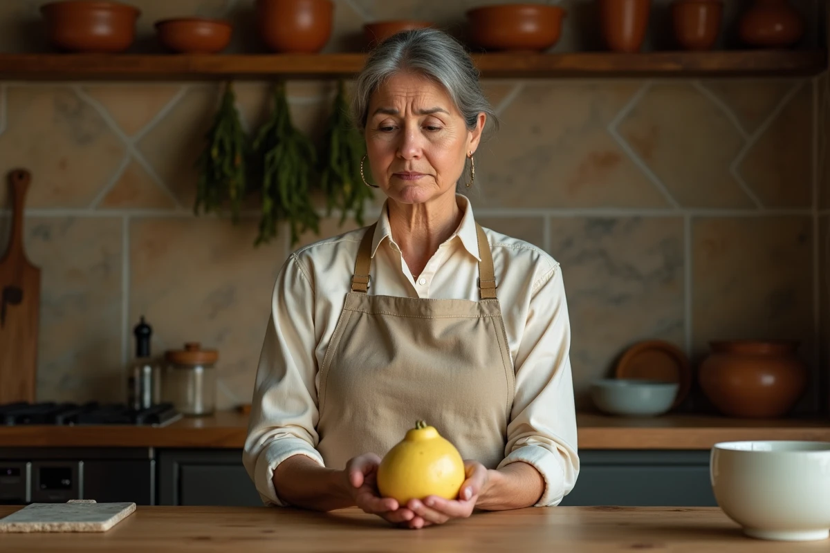 Femme en cuisine tenant une coloquinte et examinant le fruit avec prudence sur un plan de travail en bois