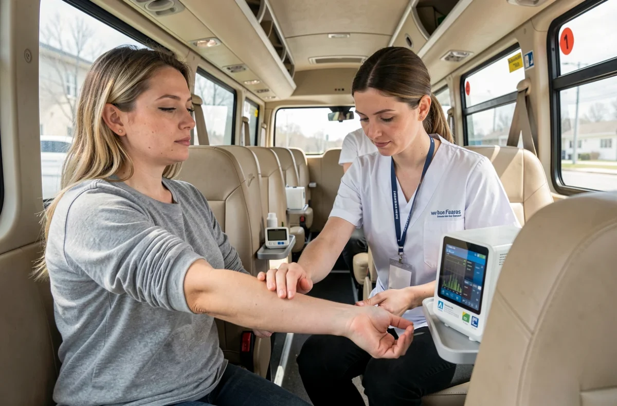 Femme faisant un don de sang dans un bus de collecte mobile avec un technicien médical