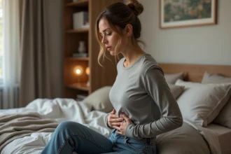 Femme pensive touchant son côté droit en intérieur