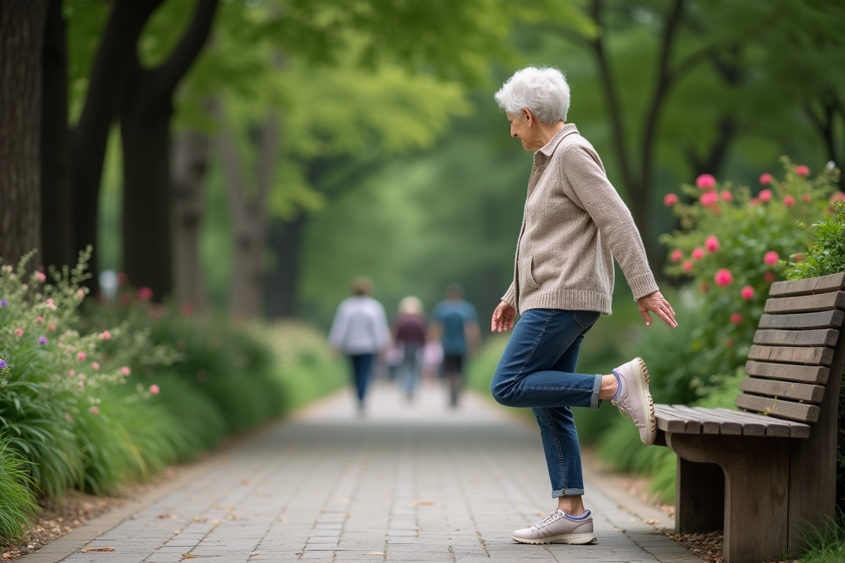 Femme âgée en extérieur en équilibre sur un chemin de jardin
