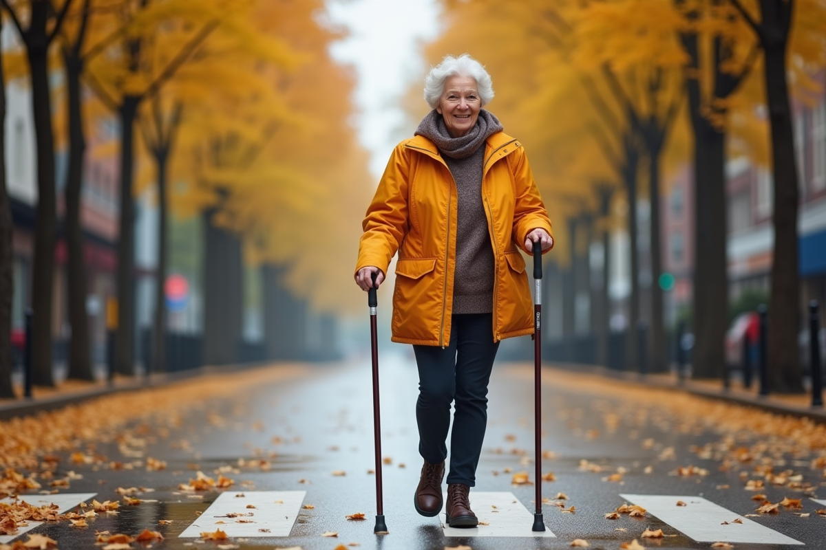 Femme âgée souriante marche avec une canne en automne