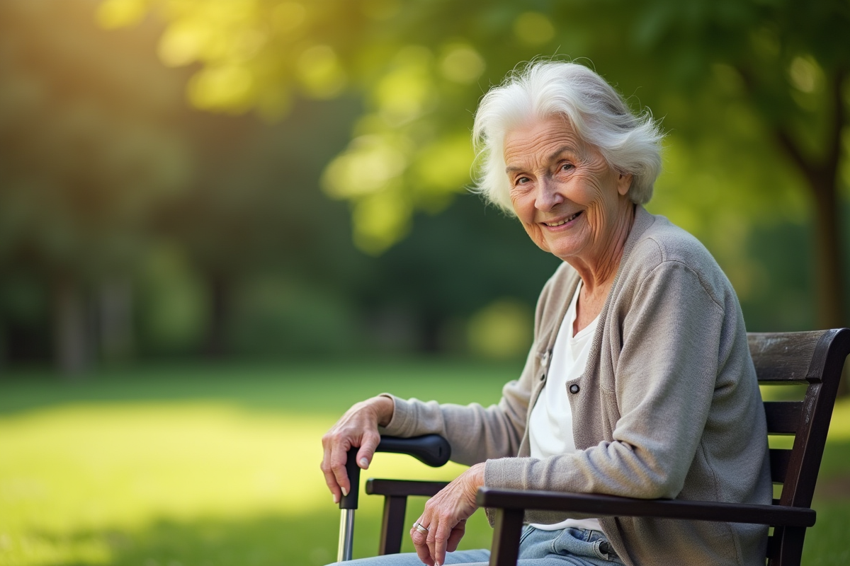 Femme âgée assise dans un parc ensoleillé souriant à la caméra