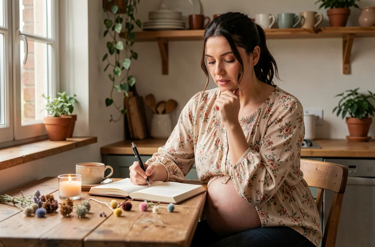 Femme enceinte tenant un carnet de rêves à une table de cuisine en bois, entourée d'une tasse de thé et de fleurs séchées, ambiance naturelle et douce