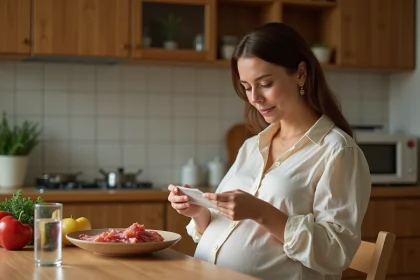 Femme enceinte lisant l'étiquette d'un paquet de charcuterie dans une cuisine chaleureuse