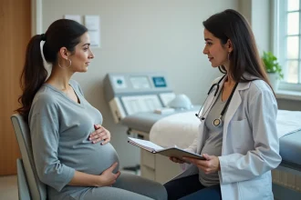 Femme enceinte en consultation médicale discutant des résultats d'analyses hépatiques avec sa gynécologue