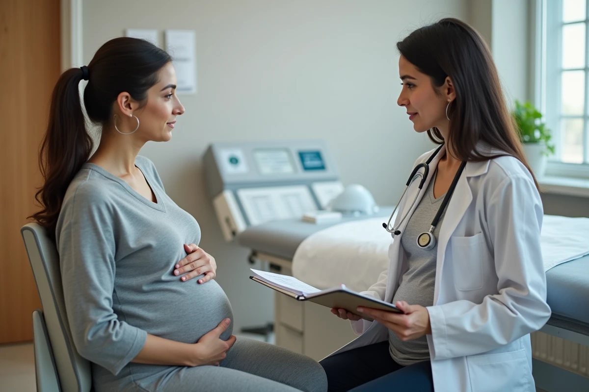 Femme enceinte en consultation médicale discutant des résultats d'analyses hépatiques avec sa gynécologue