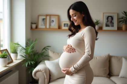 Femme enceinte dans son salon avec expression sereine