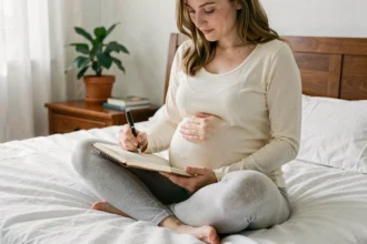 Femme enceinte écrivant dans son journal intime sur un lit blanc, main posée sur le ventre, dans une chambre douce et apaisante