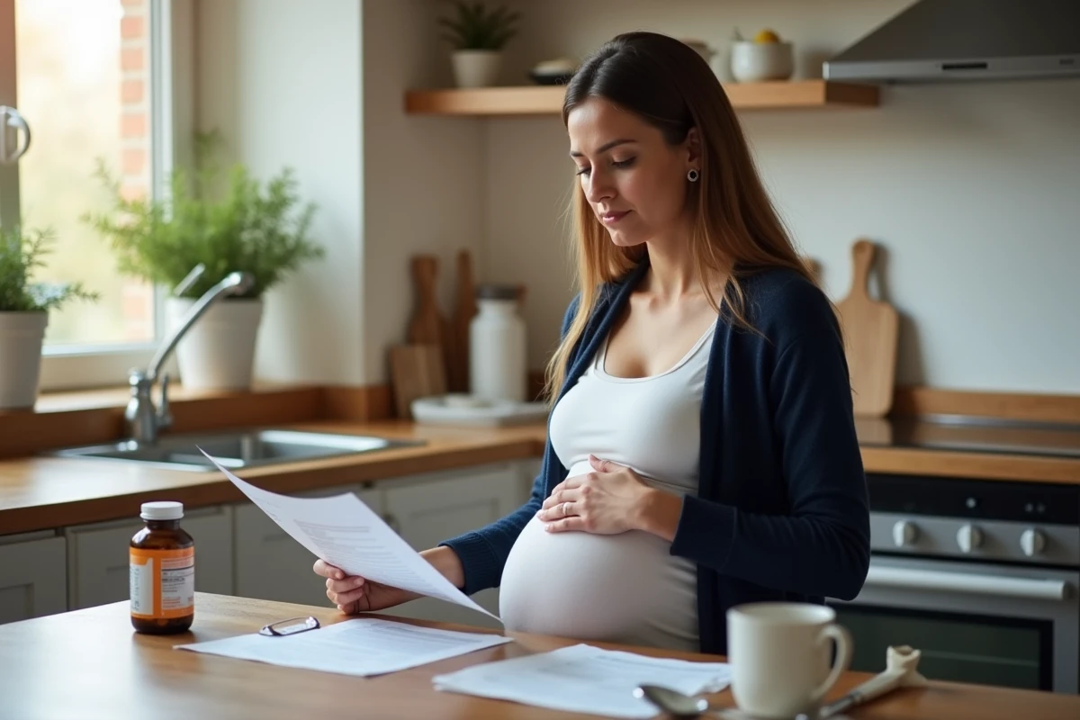 Femme enceinte lisant ses résultats d'analyses médicales à la maison, inquiète pour sa santé hépatique