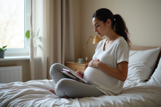 Femme enceinte assise sur le lit dans une chambre calme