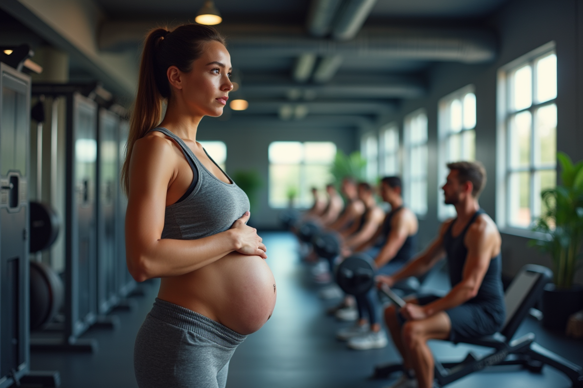 Femme enceinte observant une séance de musculation en salle
