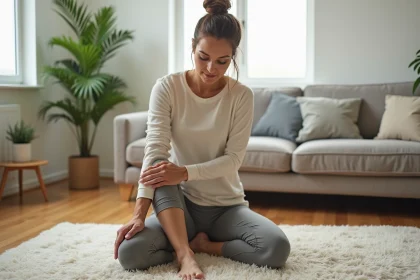 Femme en train de faire un étirement du genou dans un salon lumineux