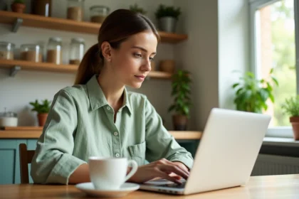 Femme lisant des articles de santé sur un blog bien-être depuis son ordinateur portable dans une cuisine naturelle et apaisante