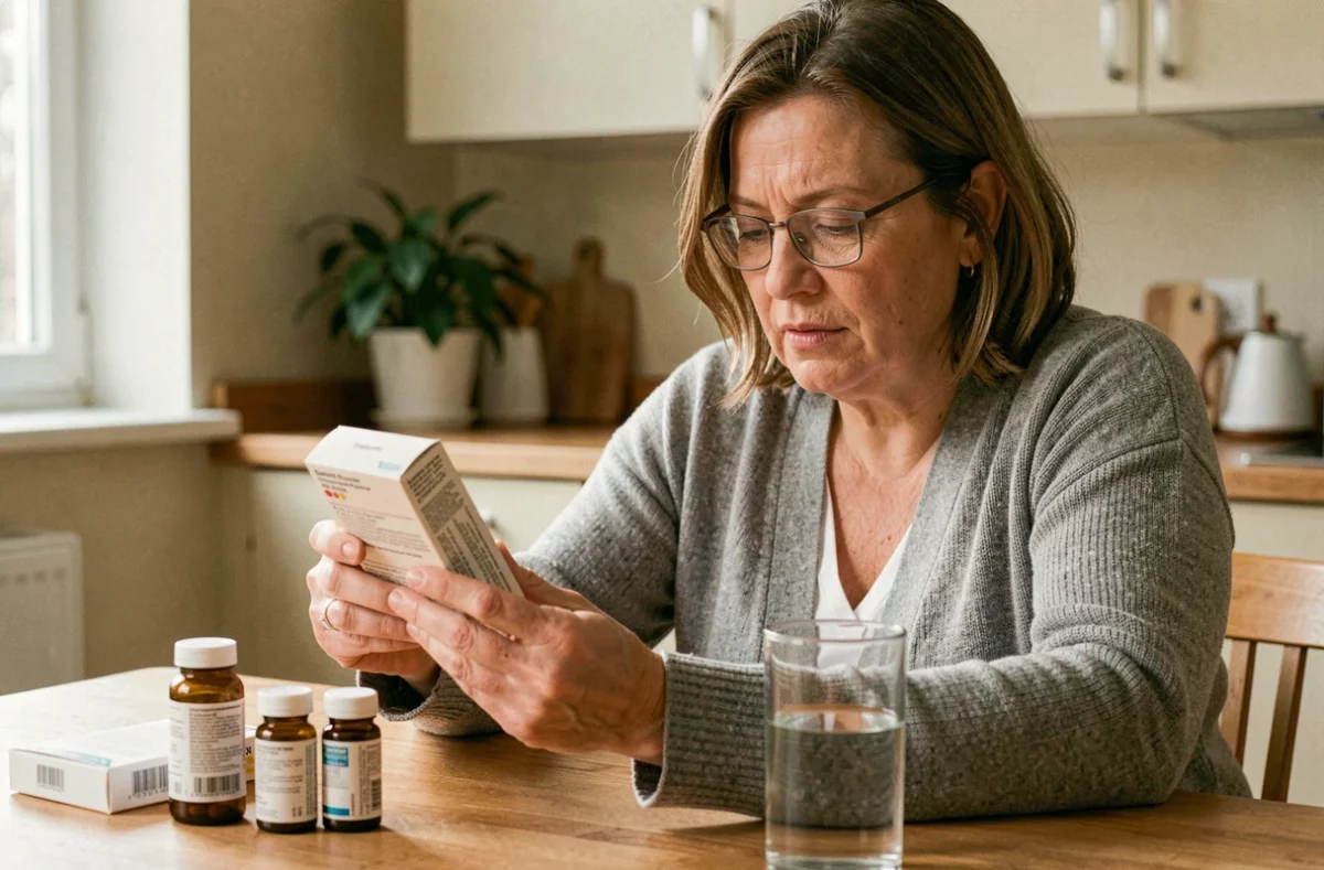 Femme adulte lisant la notice d'un médicament analgésique à la maison avant de prendre ibuprofène ou tramadol