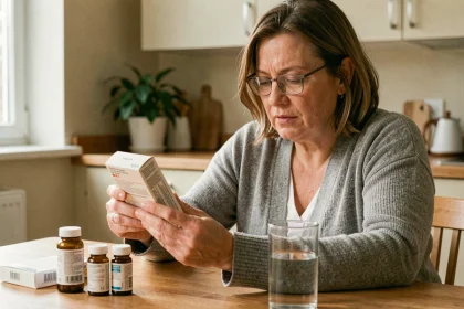 Femme adulte lisant la notice d'un médicament analgésique à la maison avant de prendre ibuprofène ou tramadol