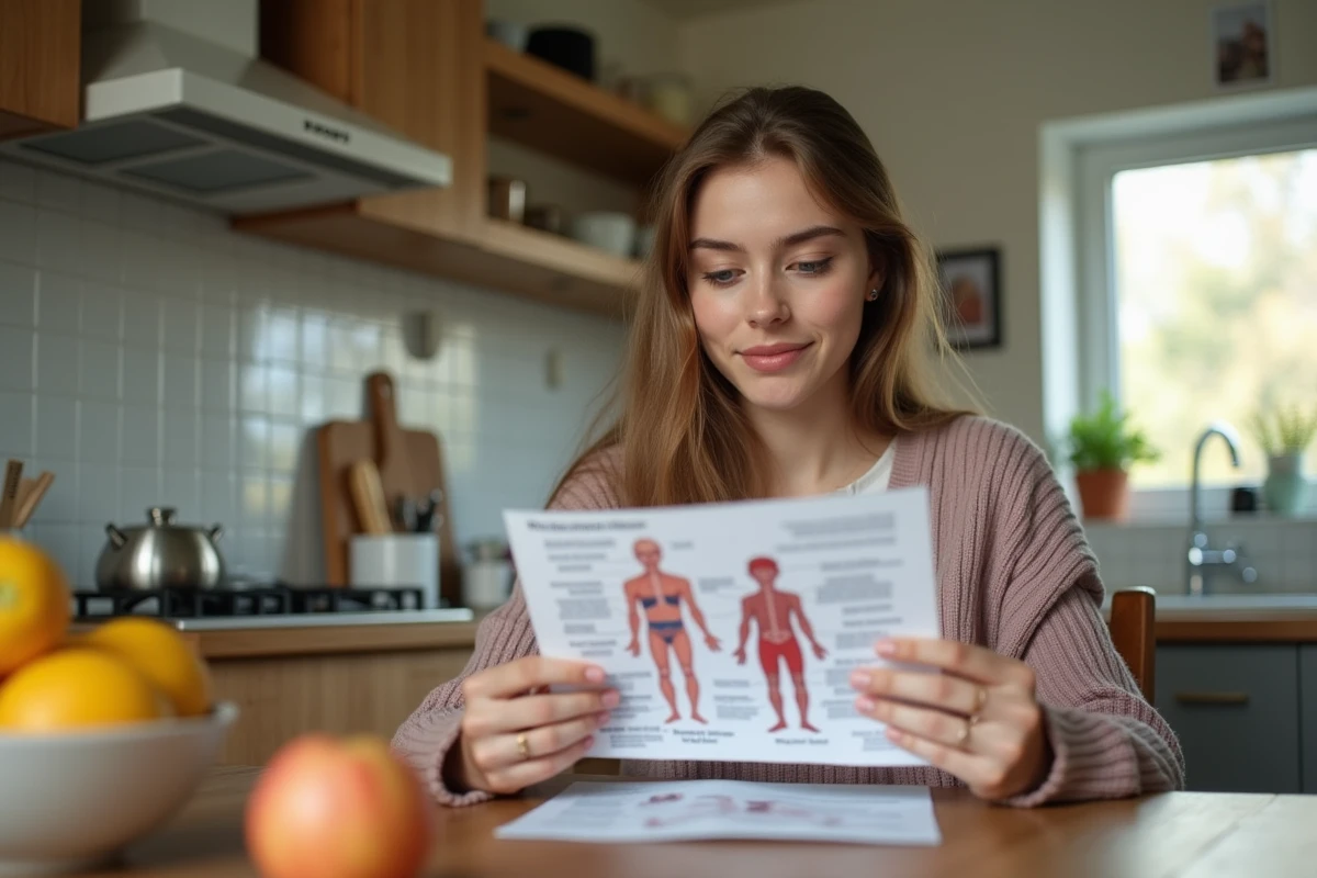 Jeune femme lisant un document sur le corps humain &agrave; la maison