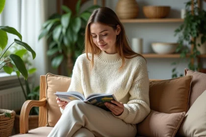 Femme lisant un magazine écologique dans un intérieur vert