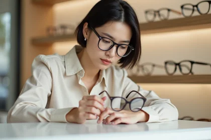 Femme essayant des lunettes à verres fins dans une boutique d'opticien moderne, illustrant l'esthétique du regard avec des montures légères