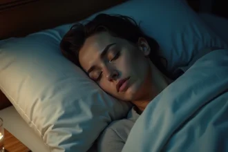 Femme endormie avec mâchoire crispée la nuit, signe de bruxisme nocturne