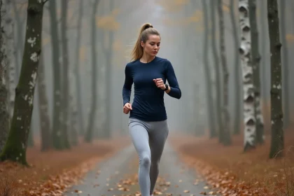 Femme de 40 ans marchant sur un sentier forestier en automne, consultant sa montre connectée pour estimer sa distance en kilomètres et son temps de marche