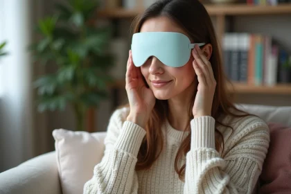 Femme appliquant un masque migraine dans un salon cosy