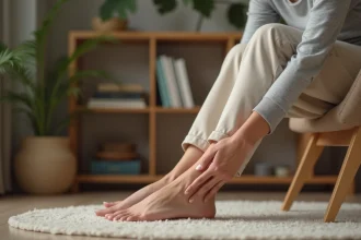 Femme massant la plante de son pied pour soulager une épine calcanéenne, remède naturel à domicile