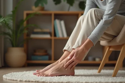 Femme massant la plante de son pied pour soulager une épine calcanéenne, remède naturel à domicile