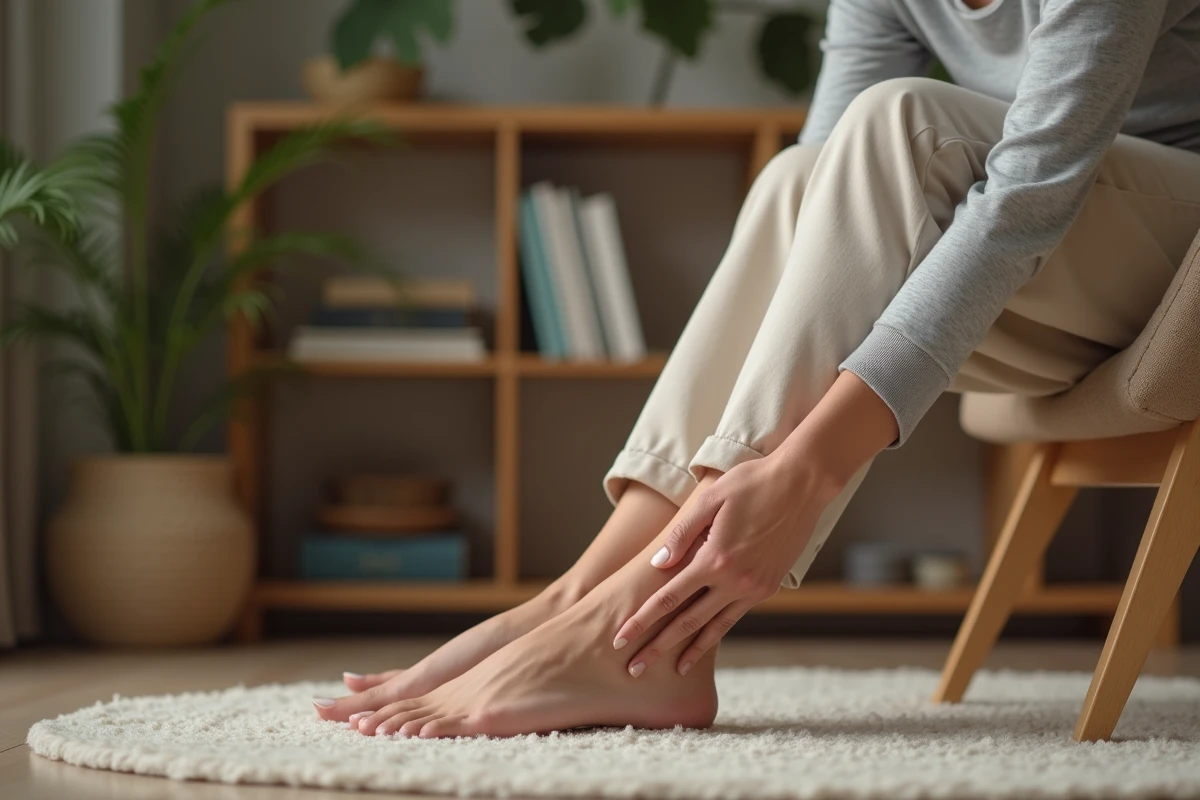 Femme massant la plante de son pied pour soulager une épine calcanéenne, remède naturel à domicile