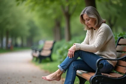 Femme assise dans un parc se massant le pied droit