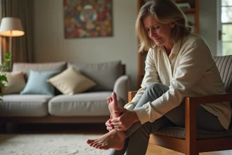 Femme d'âge moyen se massant la plante des pieds dans un salon, exprimant une sensation de brûlure ou de douleur podologique