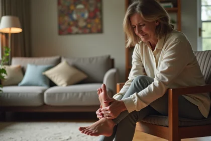 Femme d'âge moyen se massant la plante des pieds dans un salon, exprimant une sensation de brûlure ou de douleur podologique