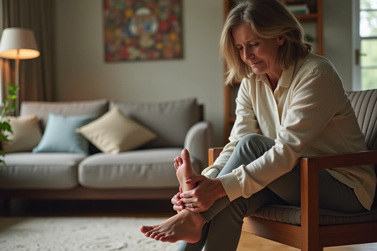 Femme d'âge moyen se massant la plante des pieds dans un salon, exprimant une sensation de brûlure ou de douleur podologique