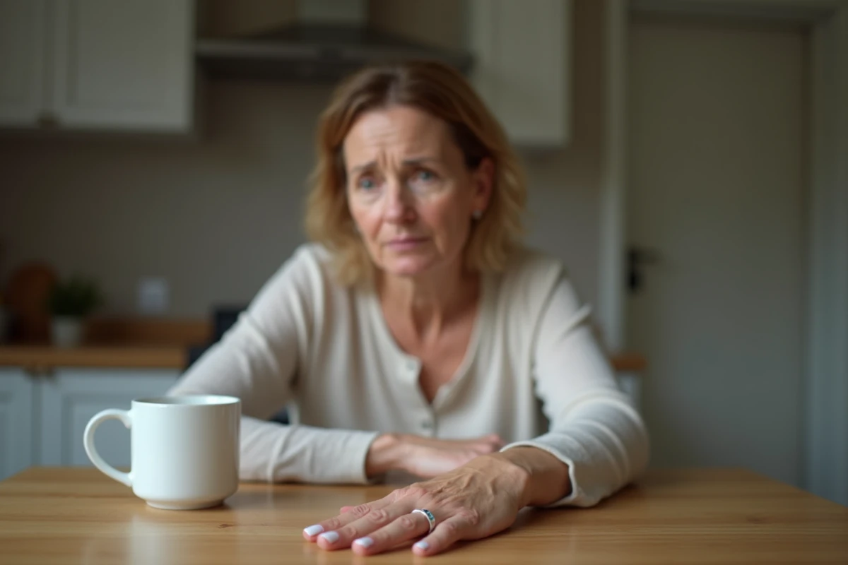 Femme regardant avec inqui&eacute;tude un ongle semi-permanent d&eacute;coll&eacute; r&eacute;v&eacute;lant une zone blanche, assise &agrave; une table de cuisine