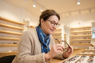 Femme d'âge moyen regardant des lunettes modernes en boutique