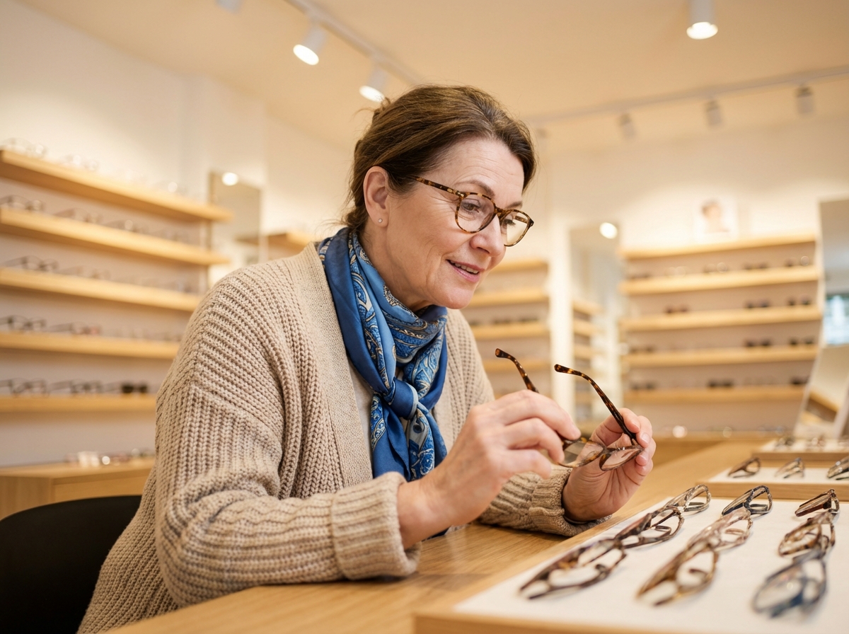 Femme d'âge moyen regardant des lunettes modernes en boutique
