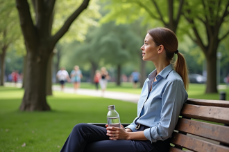 Femme assise dans un parc urbain avec bouteille réutilisable