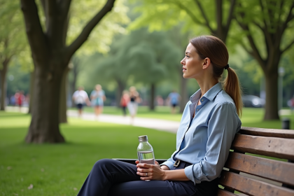 Femme assise dans un parc urbain avec bouteille r&eacute;utilisable