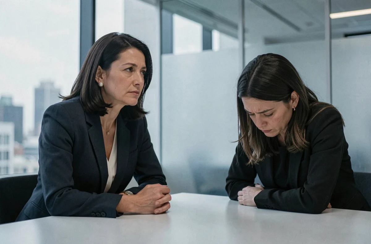 Deux femmes dans un bureau moderne illustrant une dynamique de manipulation psychologique et d'emprise narcissique