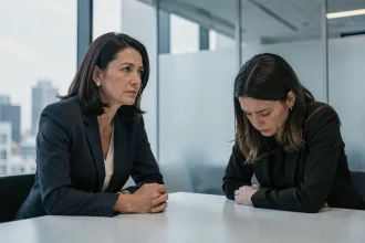 Deux femmes dans un bureau moderne illustrant une dynamique de manipulation psychologique et d'emprise narcissique