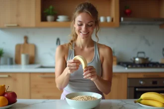 Femme souriante avec banane et bol de flocons d'avoine