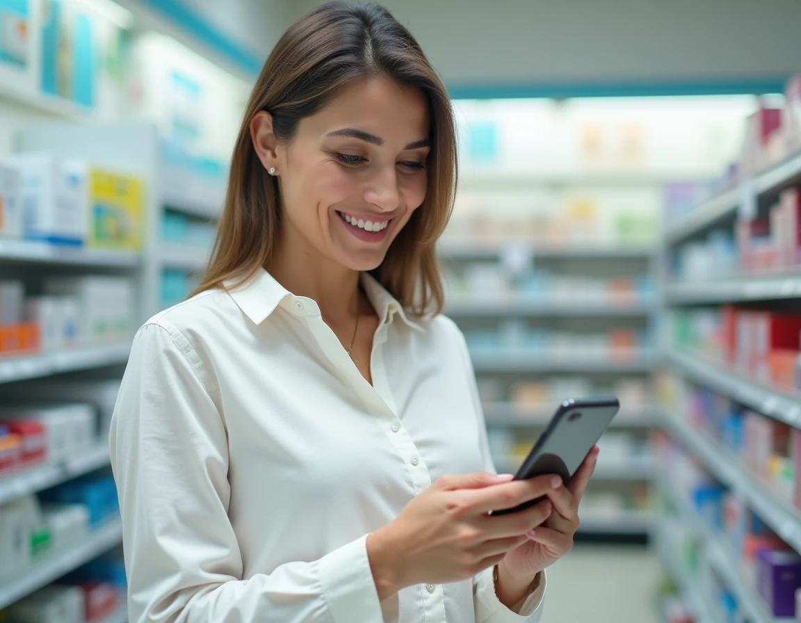 Femme en pharmacie consultant son téléphone pour trouver des promotions sur une application diabète