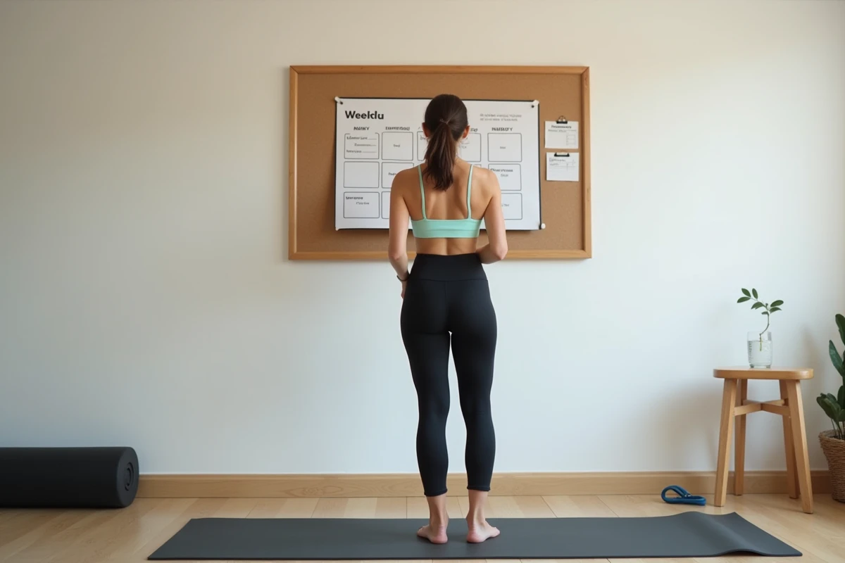 Femme consultant un planning sport et alimentation affiché sur un tableau liège dans une salle de sport à domicile minimaliste