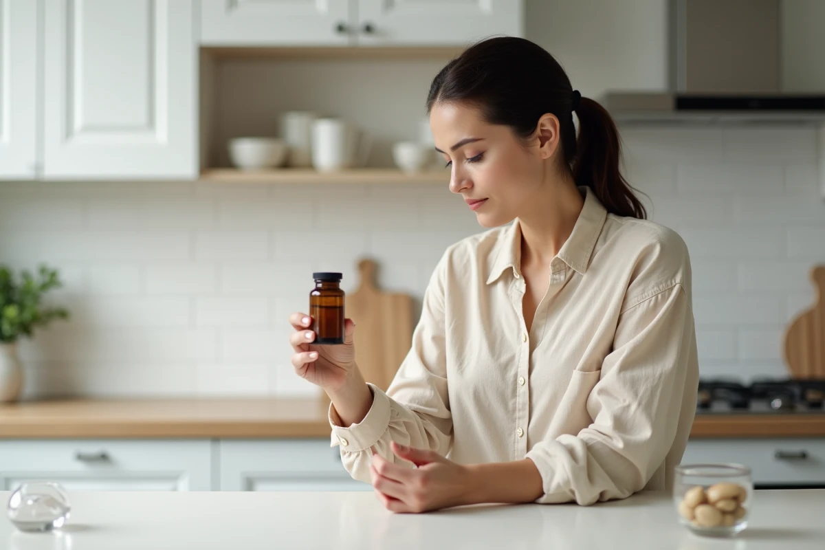Femme lisant les instructions de posologie d'un complément alimentaire dans une cuisine moderne et épurée