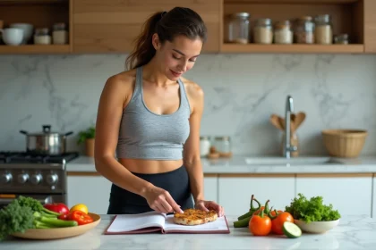 Femme préparant un repas sain et équilibré dans une cuisine moderne avec un planning alimentaire hebdomadaire pour perdre du poids