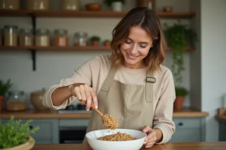 Femme préparant un repas équilibré avec du riz complet dans une cuisine naturelle et chaleureuse